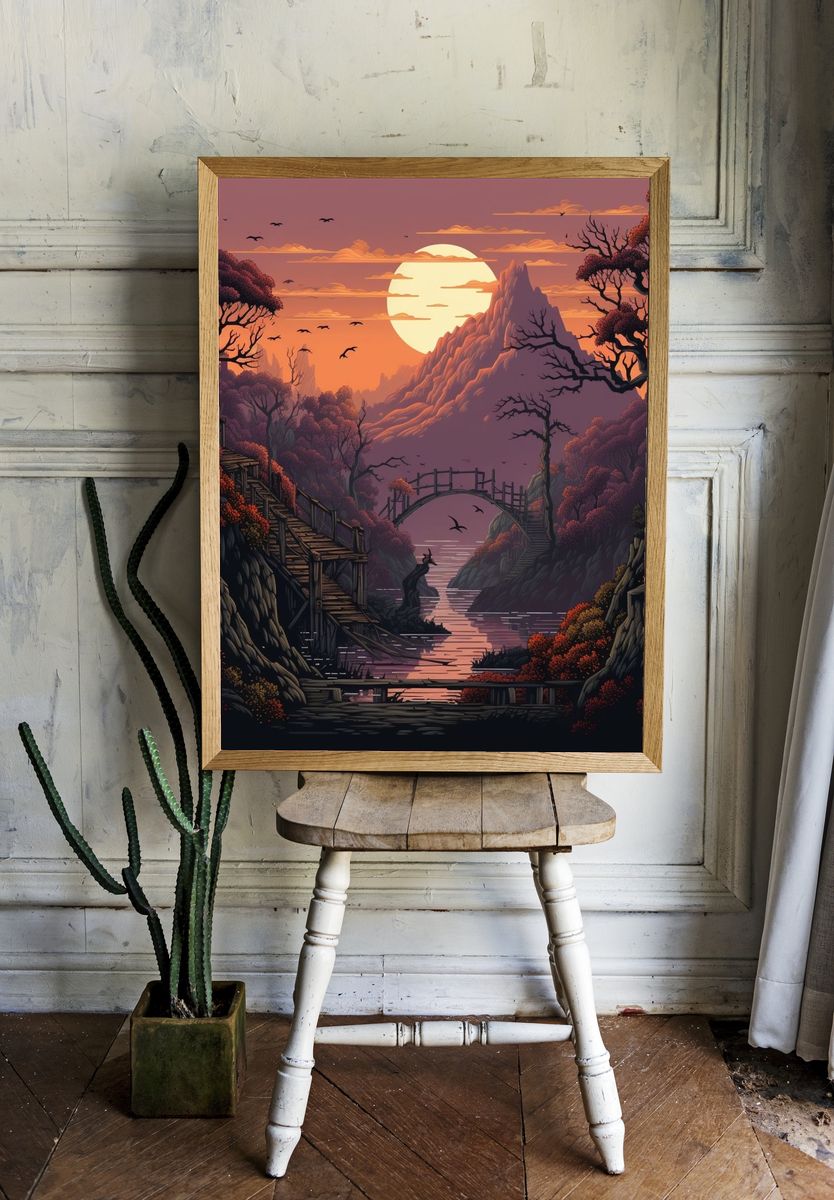 Sunset Mountain Valley Illustration Poster. — room view 1