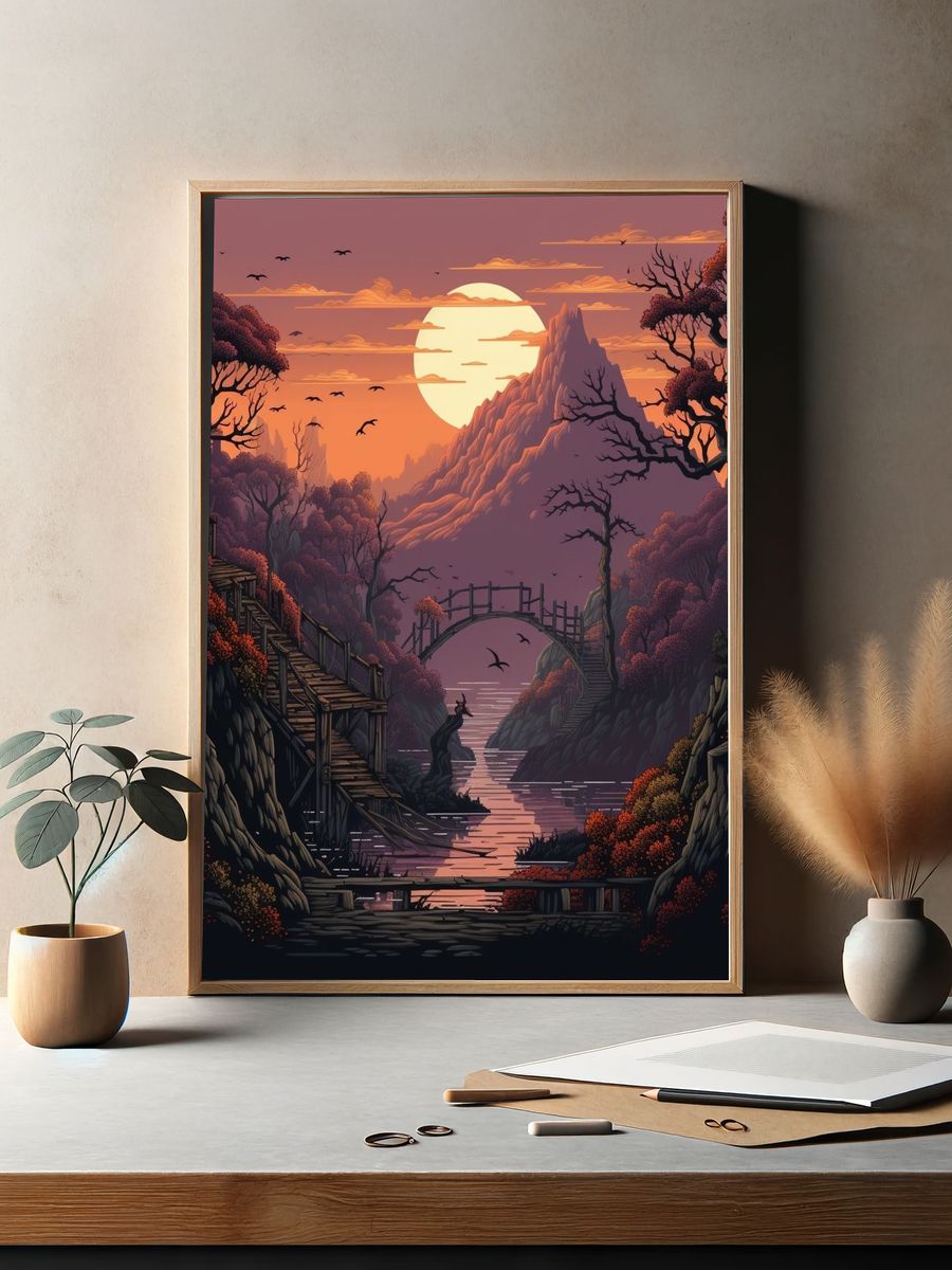 Sunset Mountain Valley Illustration Poster. — room view 2