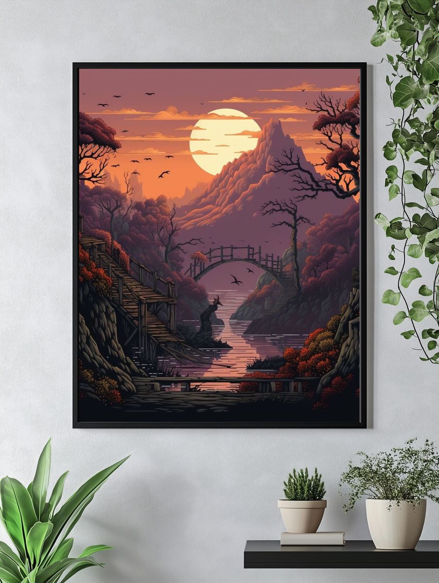 Sunset Mountain Valley Illustration Poster. — room view 4