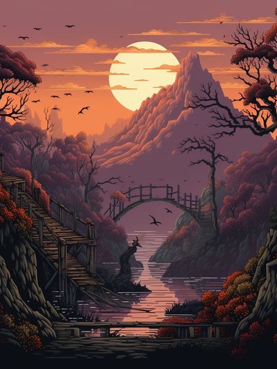 Sunset Mountain Valley Illustration Poster.