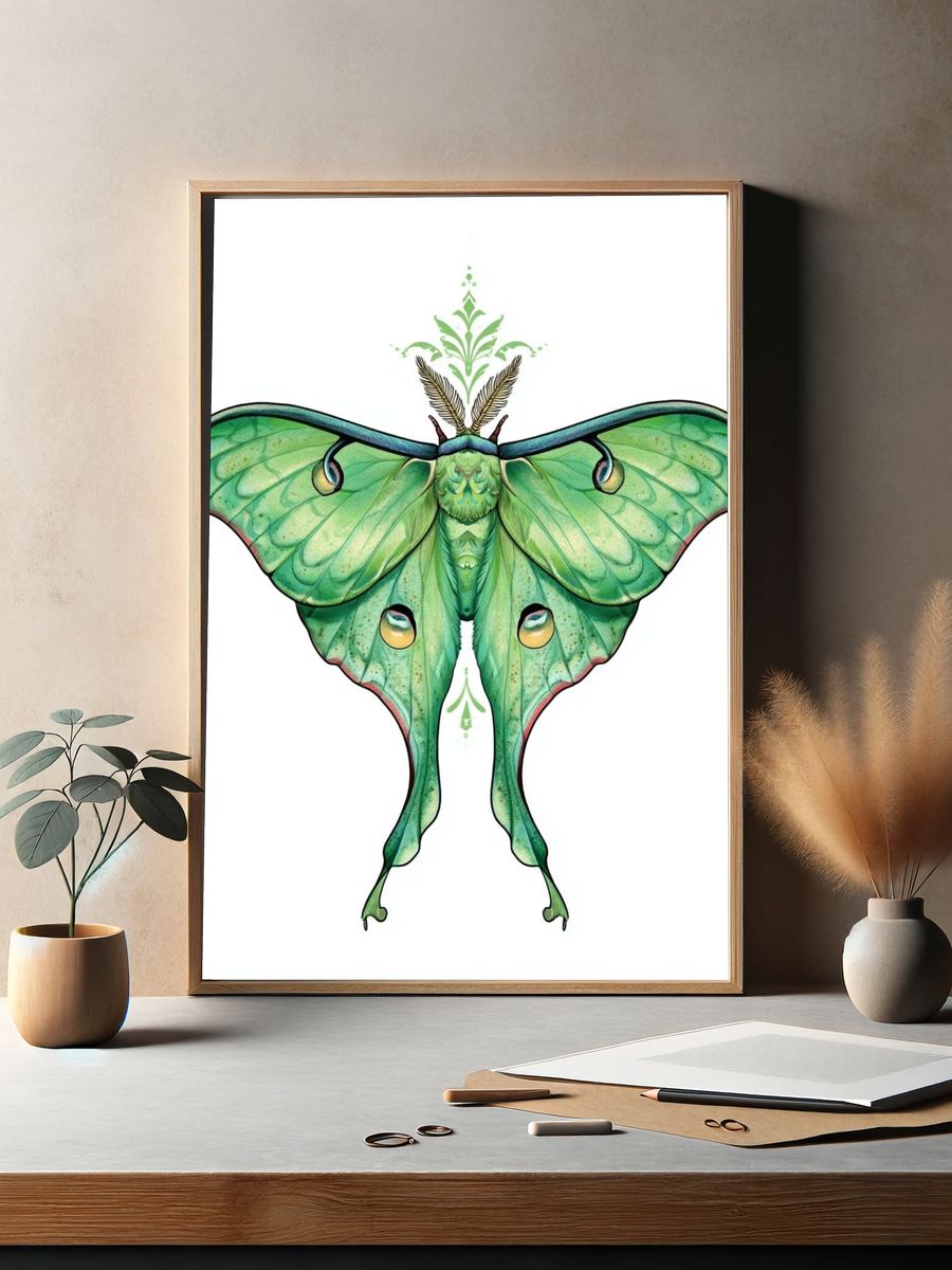 Green Luna Moth Illustration Poster. — room view 2