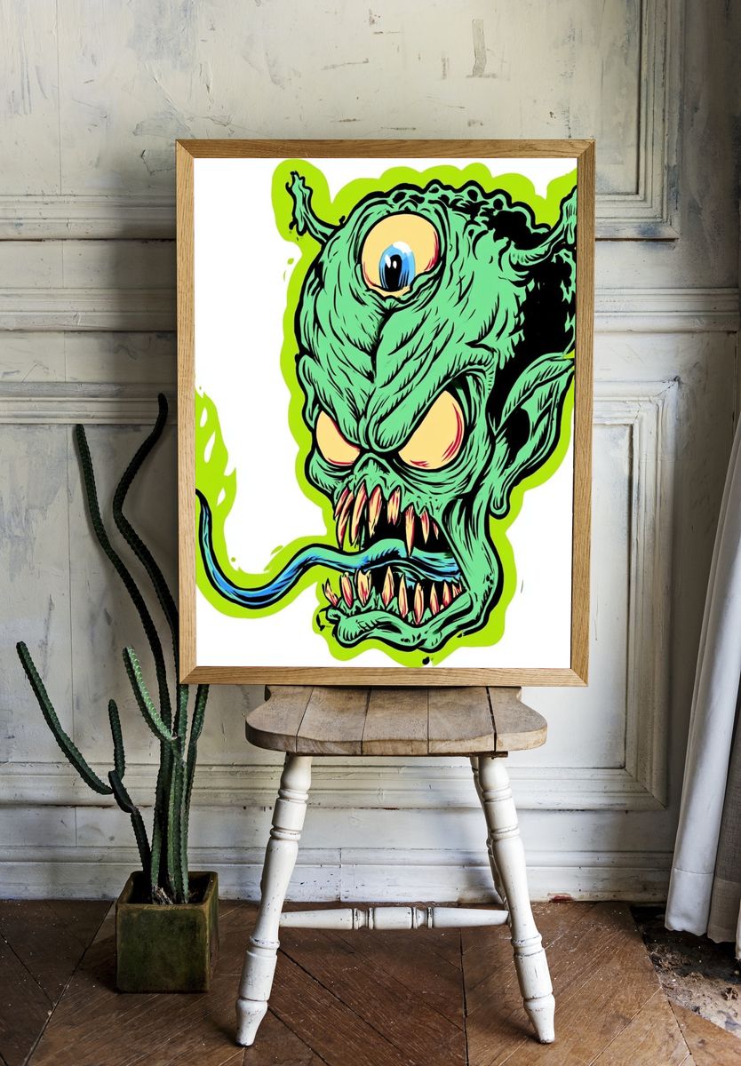 Green Monster Head Illustration Poster. room preview