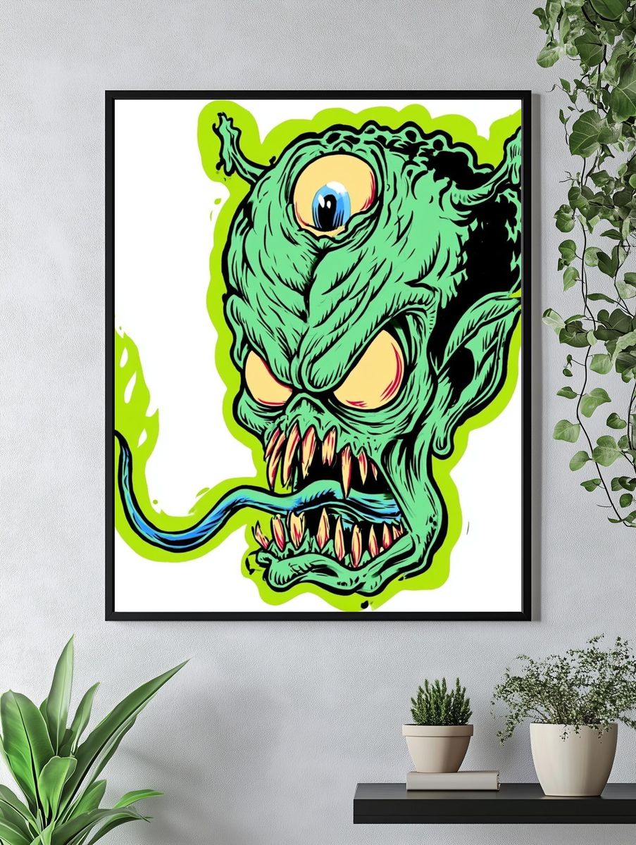 Green Monster Head Illustration Poster. — room view 4