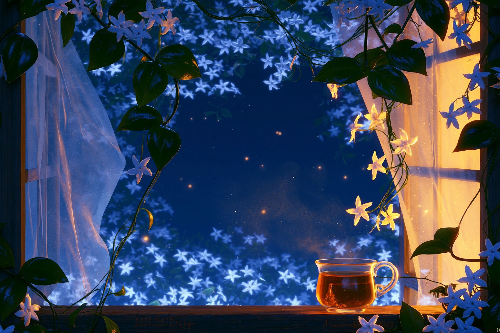 Moonlit Jasmine Window Poster. poster — illustration art