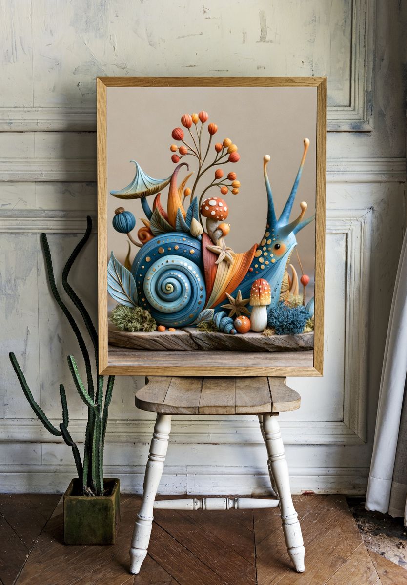 Whimsical Snail Sculpture Print. — room view 1
