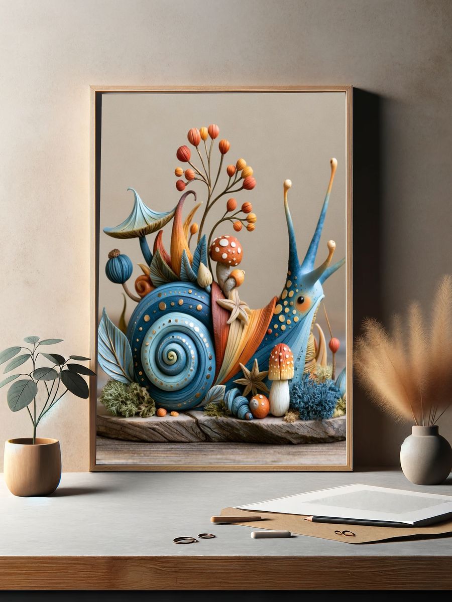 Whimsical Snail Sculpture Print. — room view 2