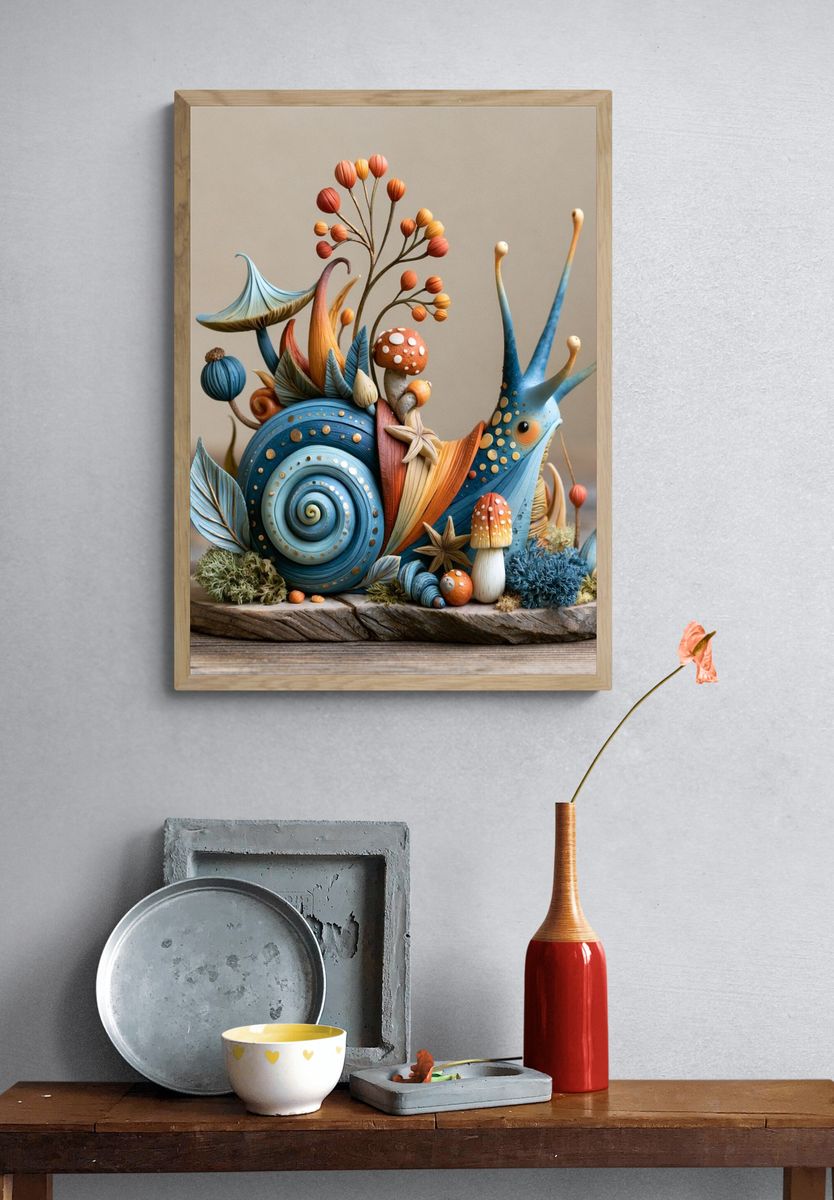 Whimsical Snail Sculpture Print. — room view 3