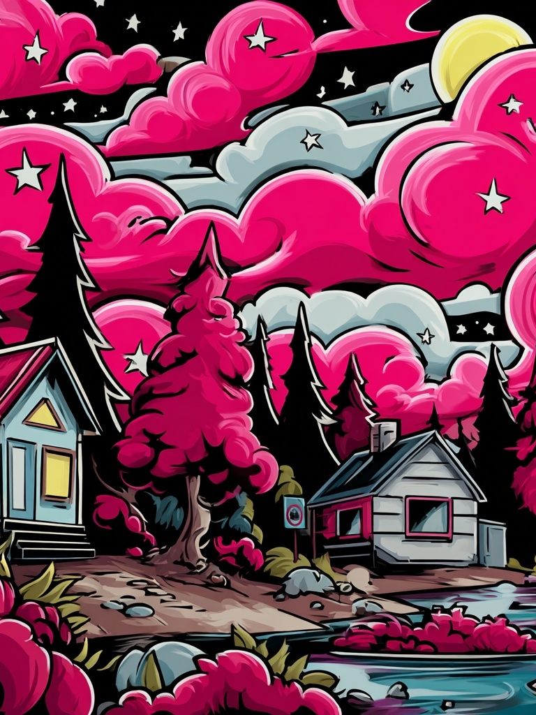 Neon Pink Forest Cabin Print. poster detail