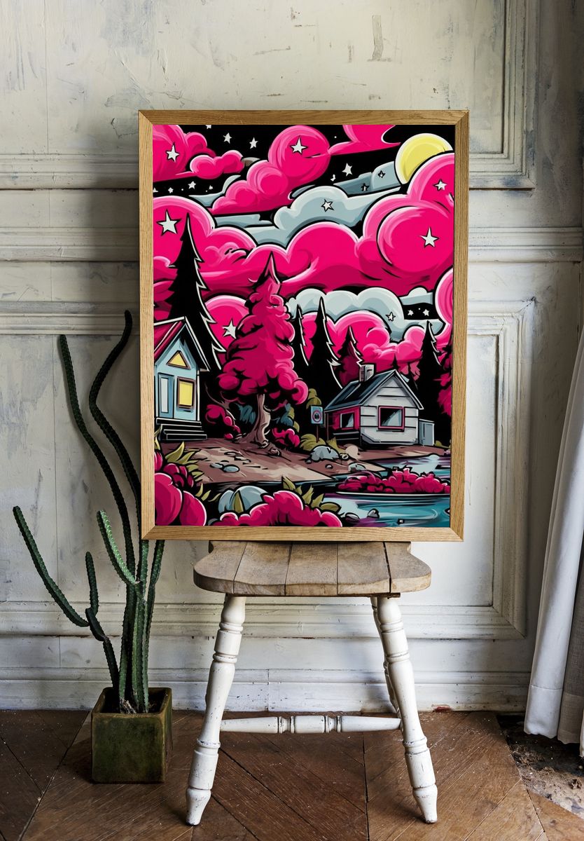 Neon Pink Forest Cabin Print. — room view 1