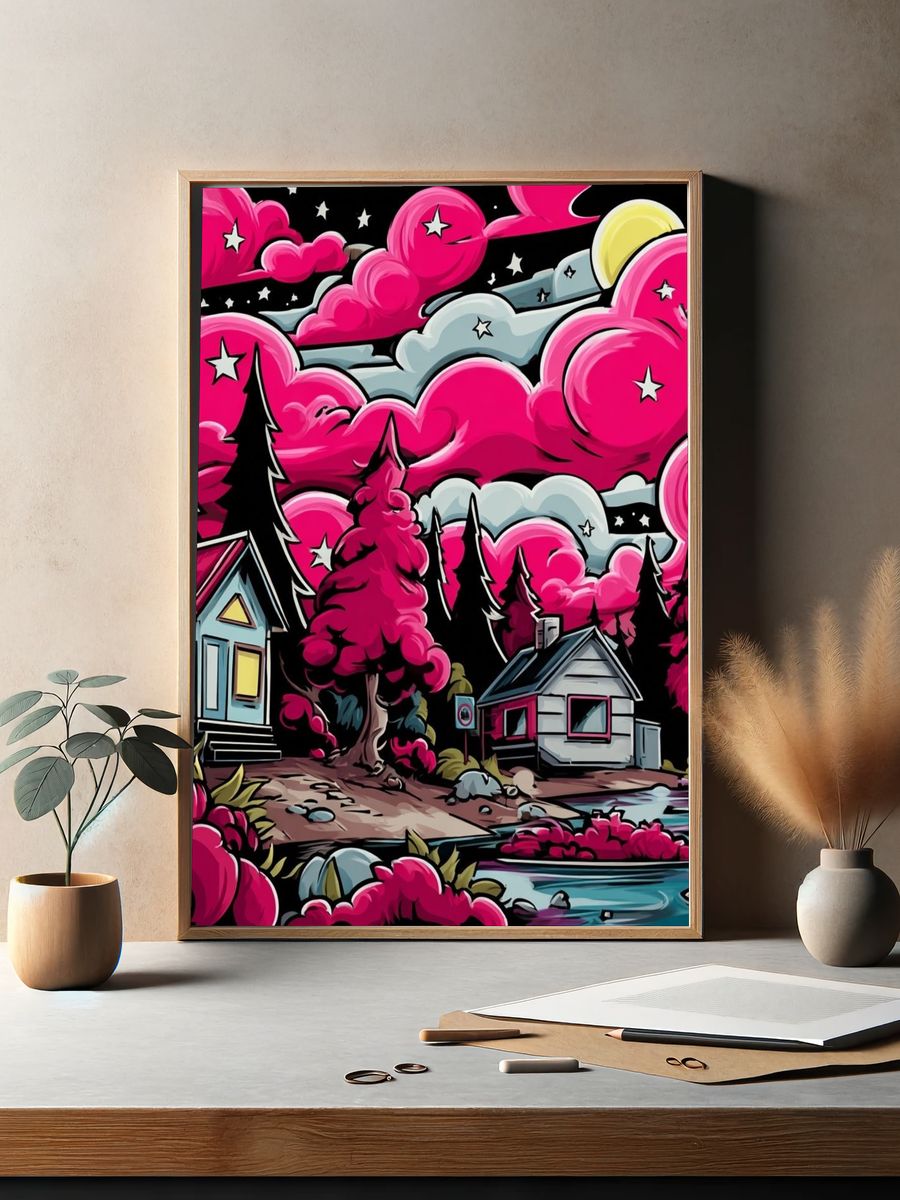Neon Pink Forest Cabin Print. — room view 2
