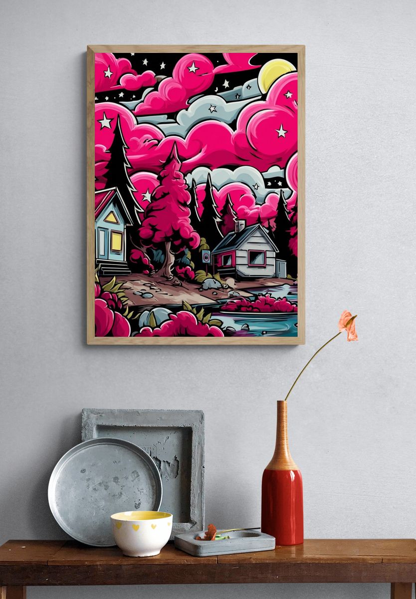 Neon Pink Forest Cabin Print. — room view 3