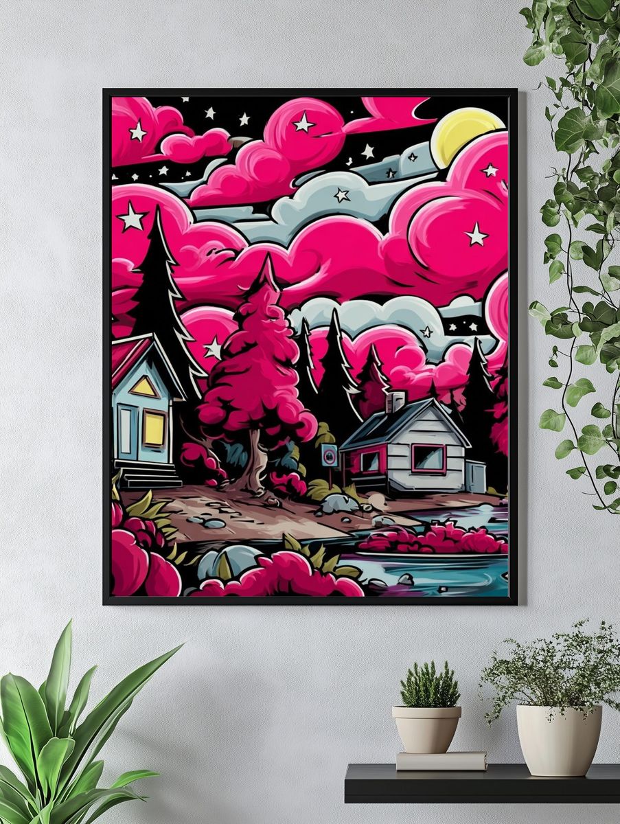 Neon Pink Forest Cabin Print. — room view 4