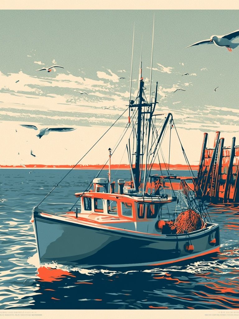 Harbor Fishing Boat Vintage Print. poster detail