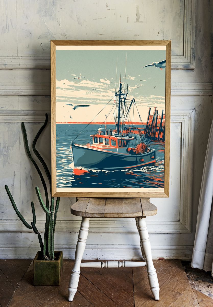 Harbor Fishing Boat Vintage Print. room preview