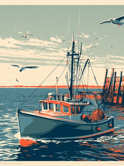 Harbor Fishing Boat Vintage Print.