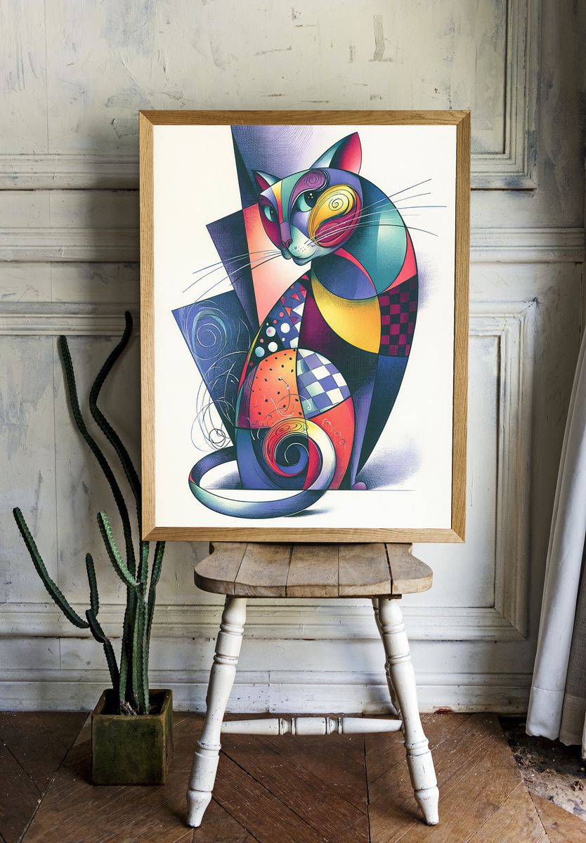 Colorful Geometric Cat Poster. — room view 1