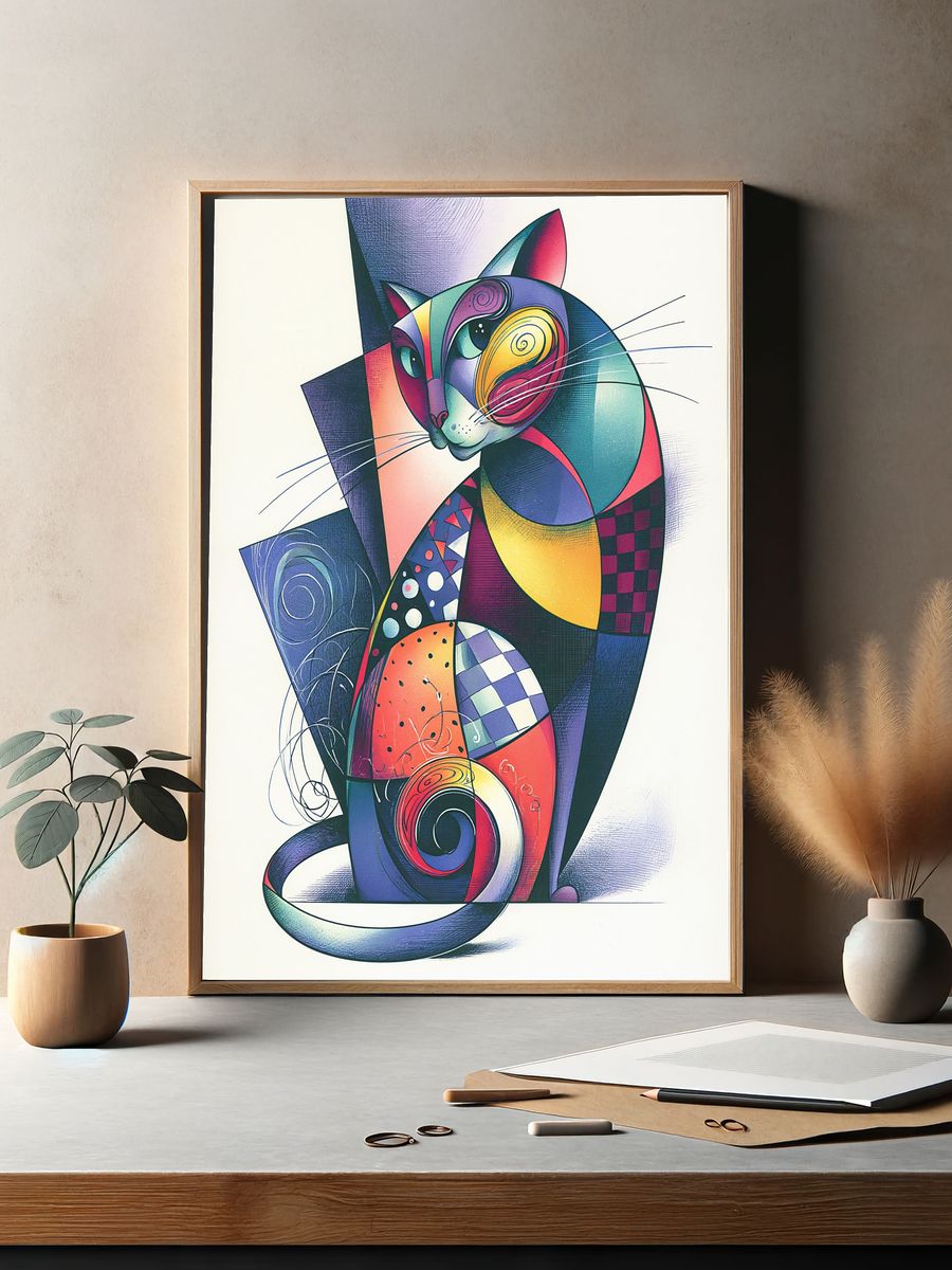 Colorful Geometric Cat Poster. — room view 2