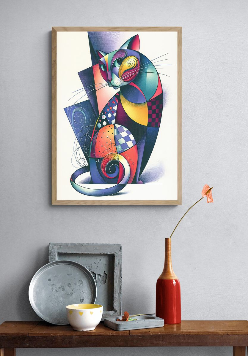 Colorful Geometric Cat Poster. — room view 3
