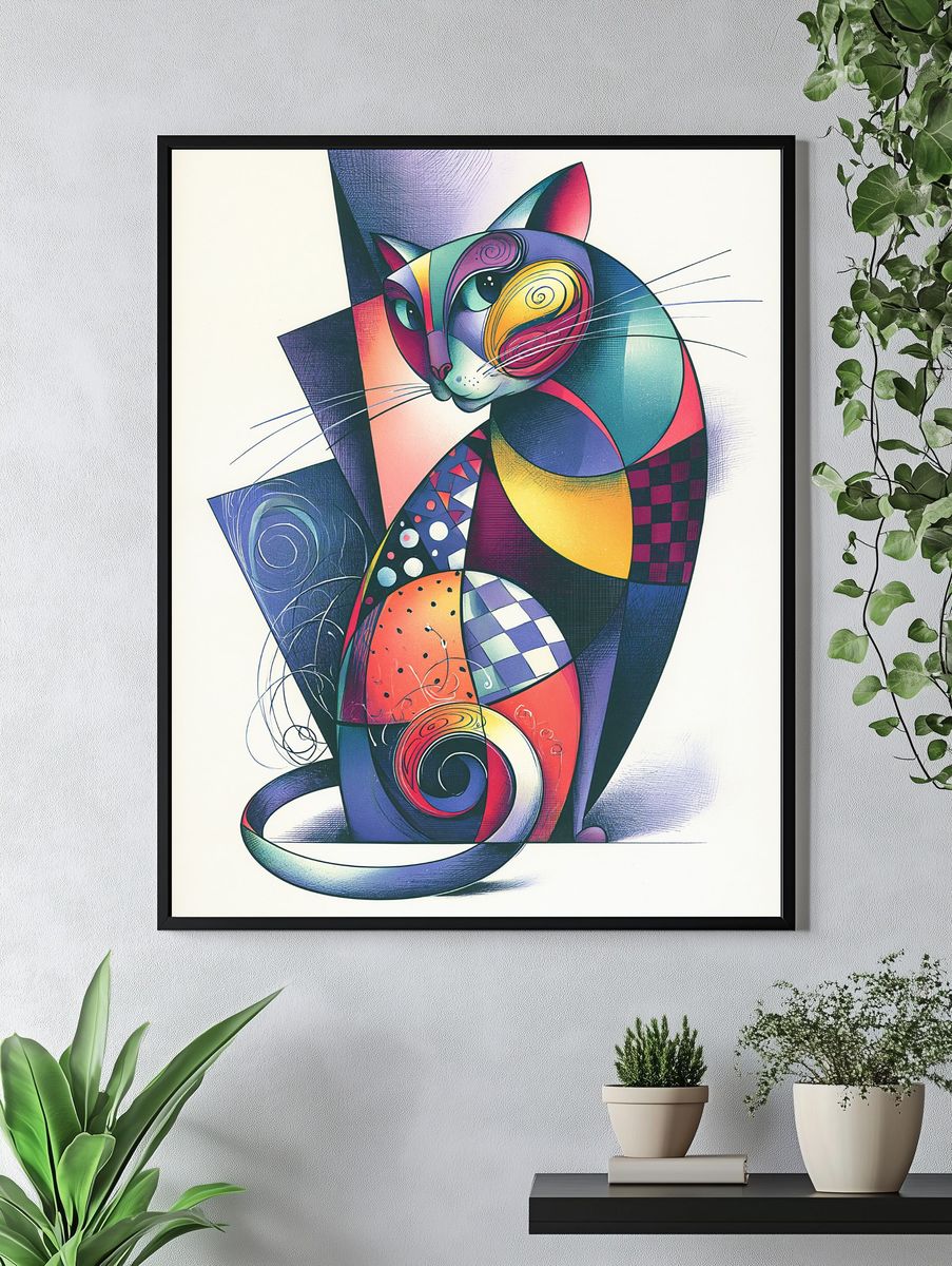 Colorful Geometric Cat Poster. — room view 4