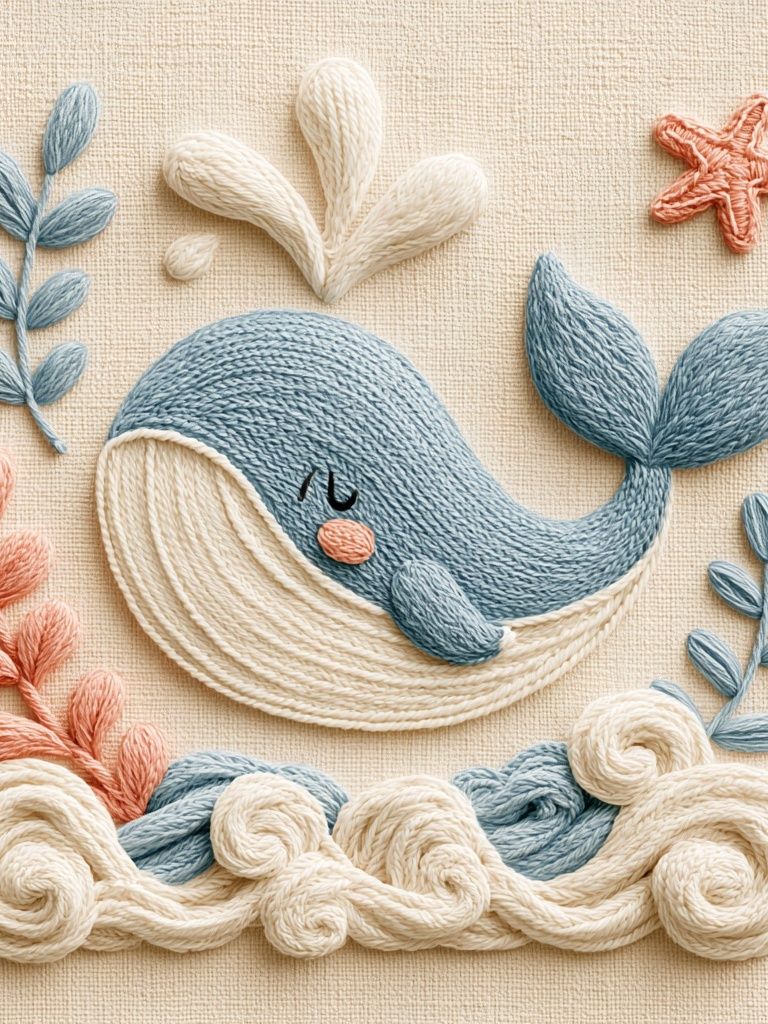 Whale Embroidery Illustration Poster. poster detail