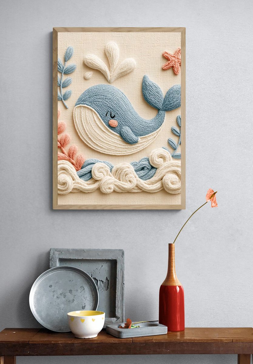 Whale Embroidery Illustration Poster. — room view 3