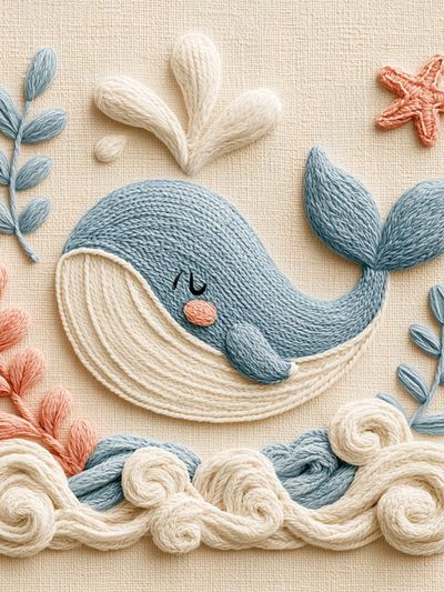 Whale Embroidery Illustration Poster.