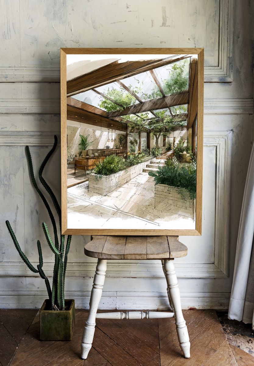 Sunlit Indoor Garden Illustration Poster. room preview