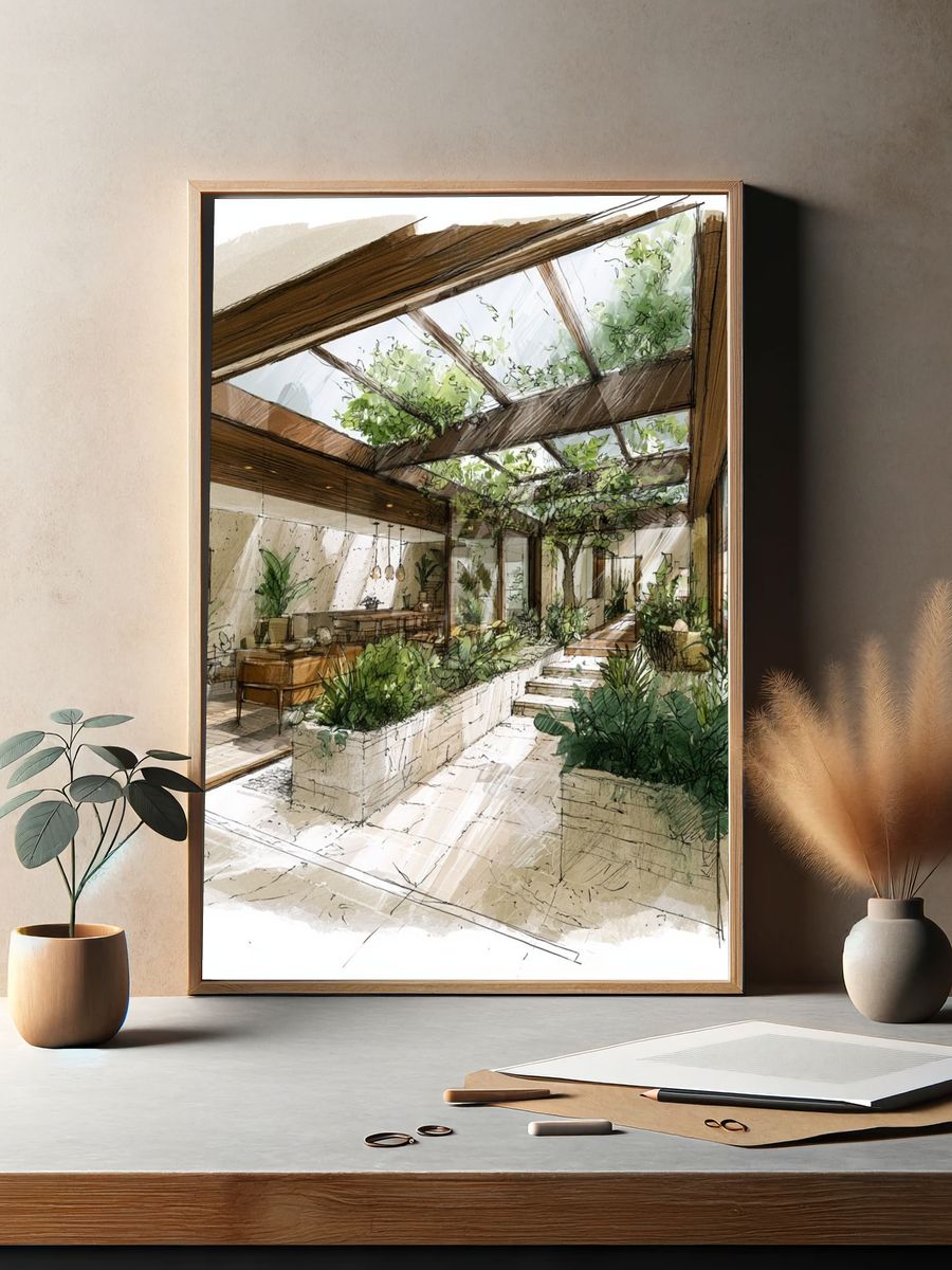 Sunlit Indoor Garden Illustration Poster. — room view 2