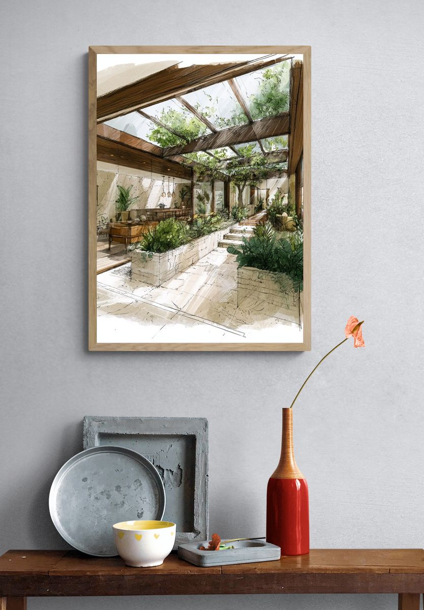 Sunlit Indoor Garden Illustration Poster. — room view 3