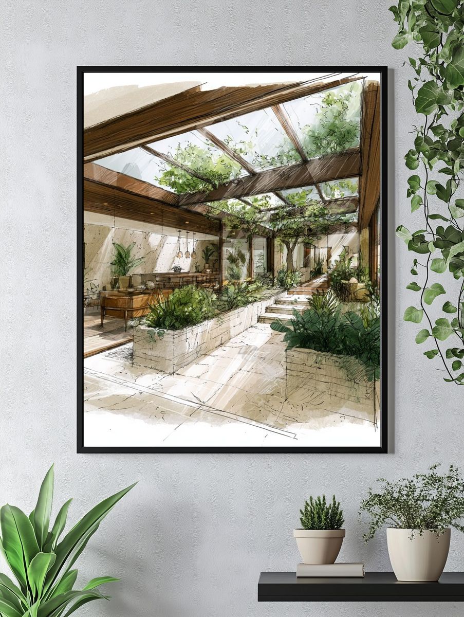 Sunlit Indoor Garden Illustration Poster. — room view 4