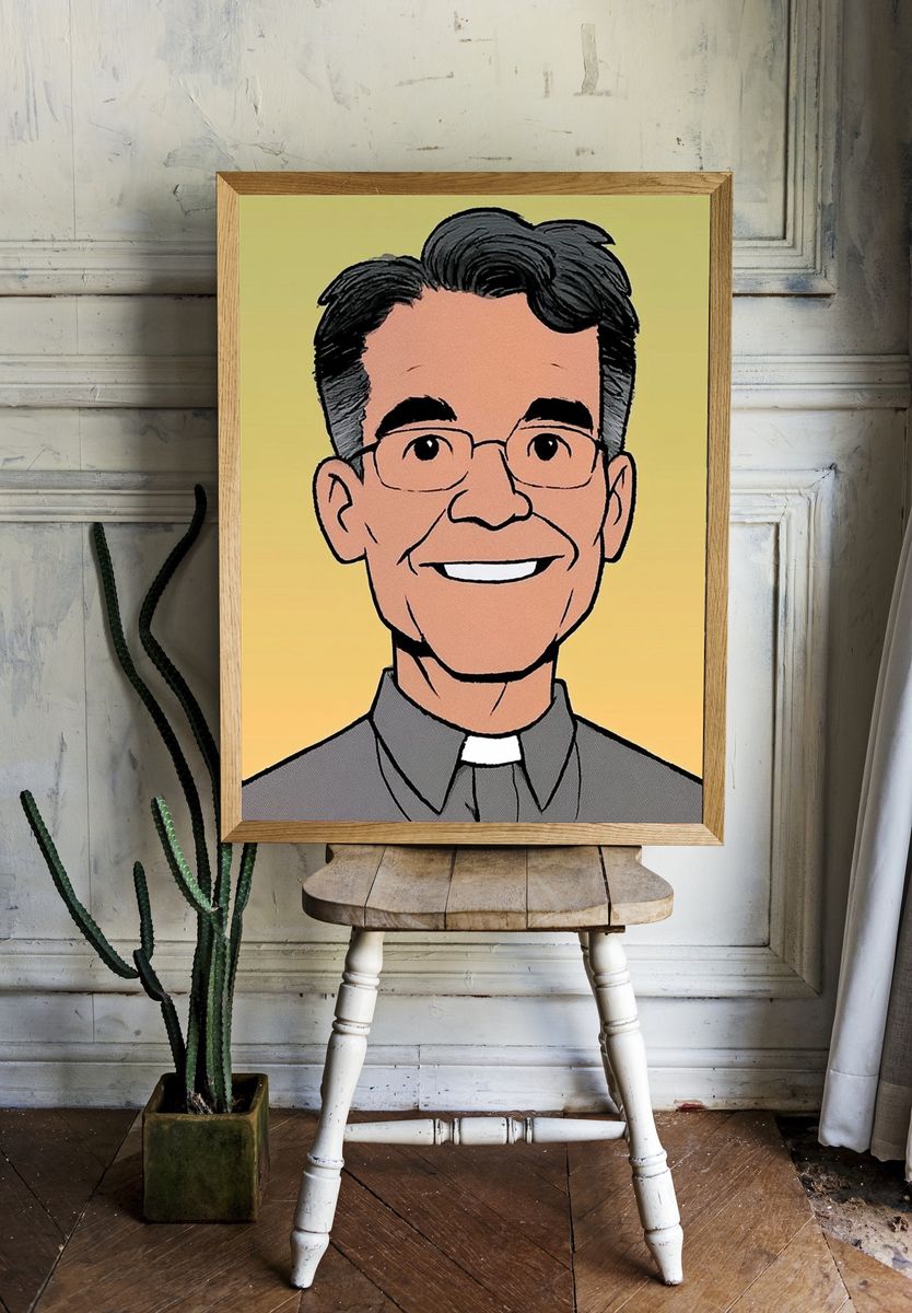 Smiling Priest Portrait Print. room preview