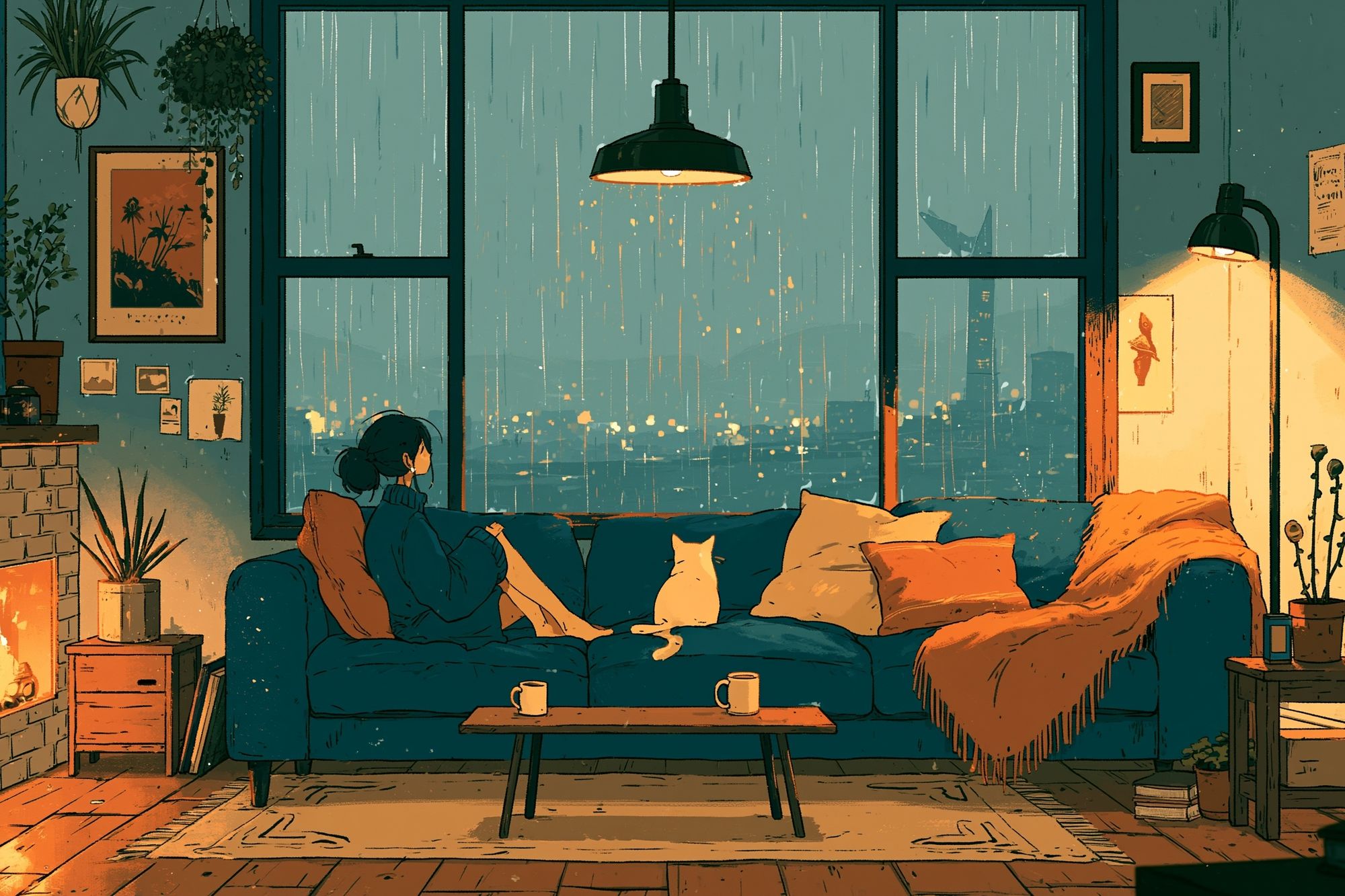 Cozy Rainy Living Room Illustration Poster. poster detail