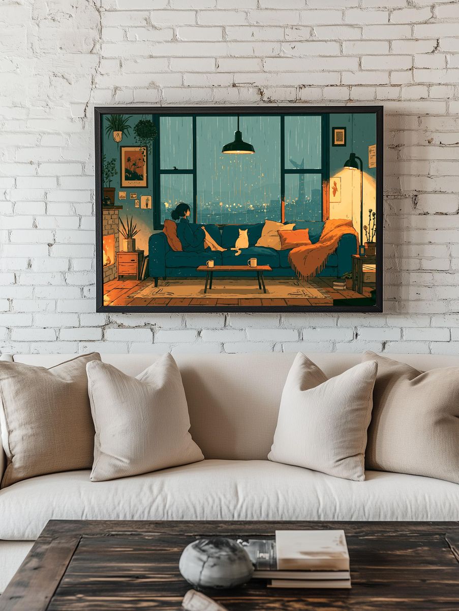 Cozy Rainy Living Room Illustration Poster. room preview