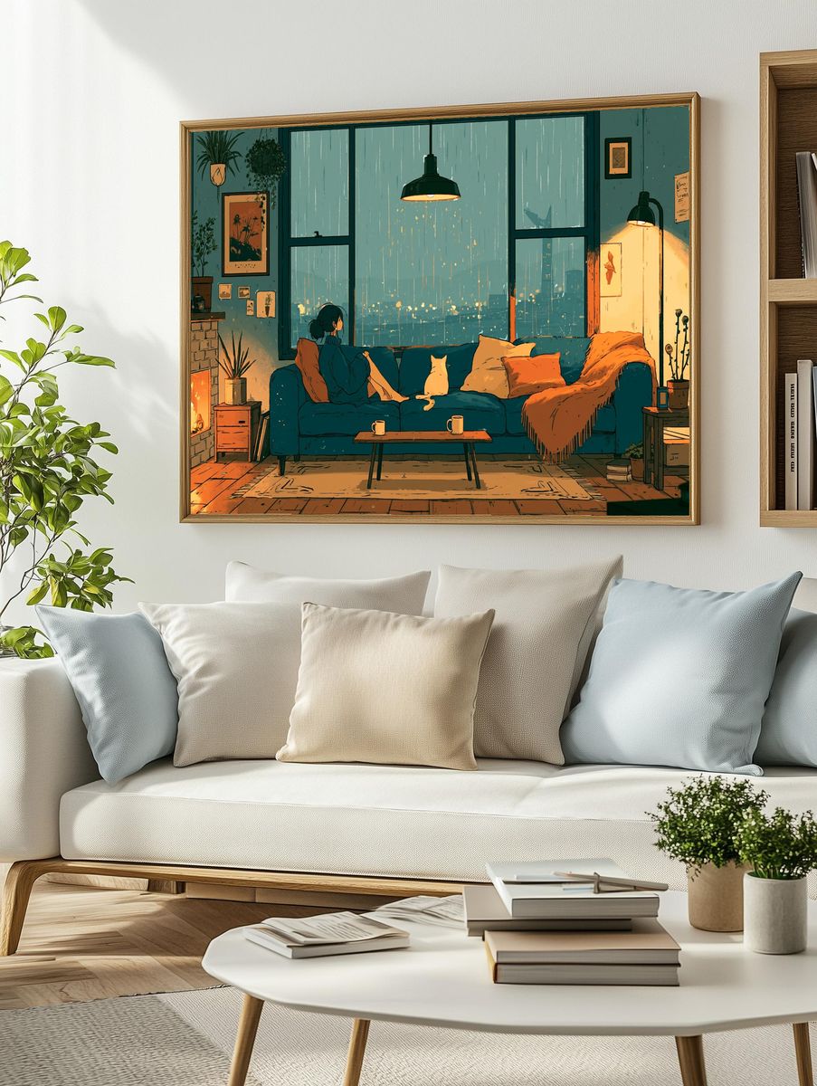 Cozy Rainy Living Room Illustration Poster. — room view 2