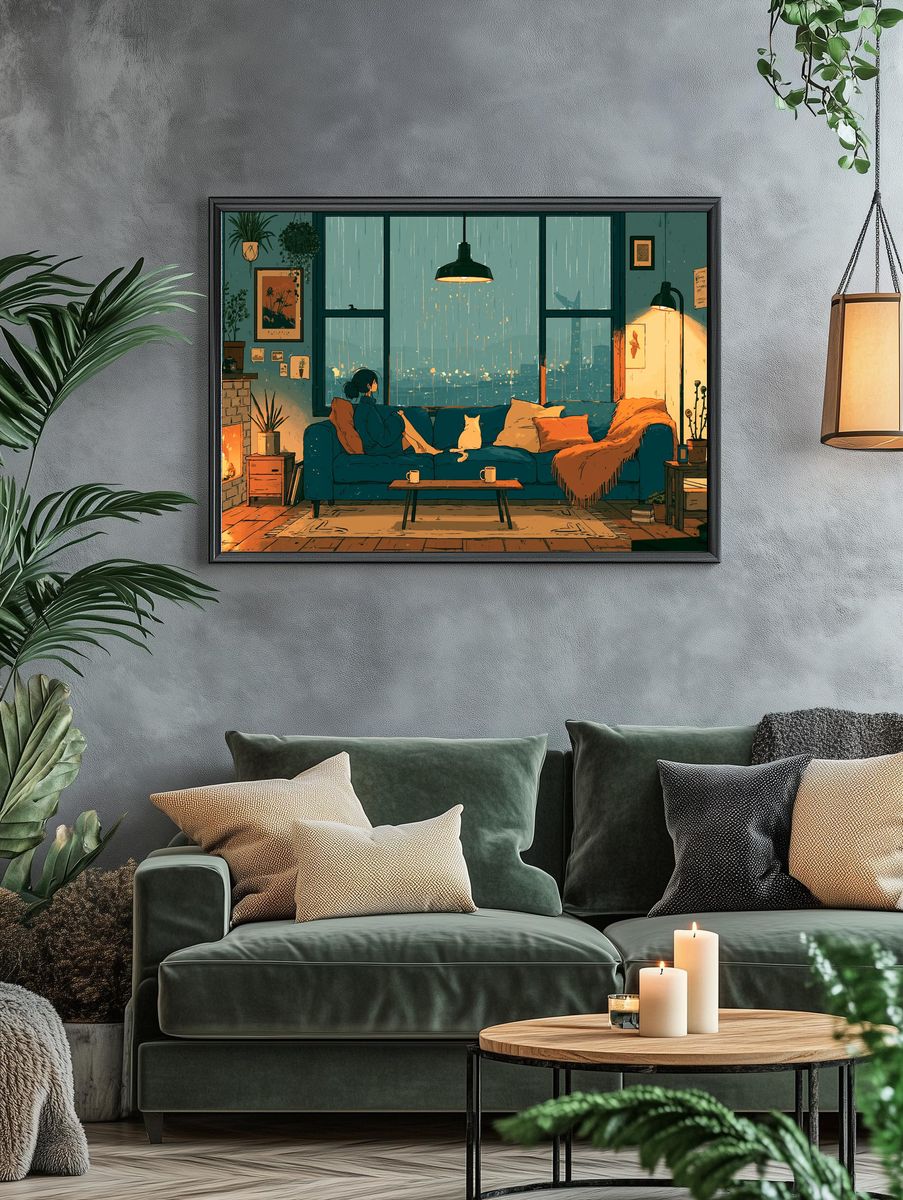 Cozy Rainy Living Room Illustration Poster. — room view 4