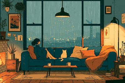 Cozy Rainy Living Room Illustration Poster. poster