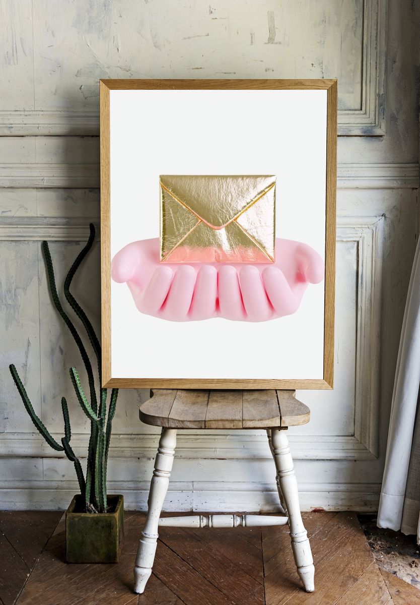 Golden Envelope in Pink Hands Poster. room preview