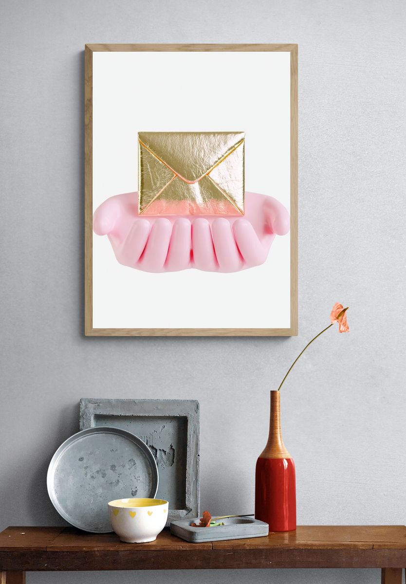 Golden Envelope in Pink Hands Poster. — room view 3