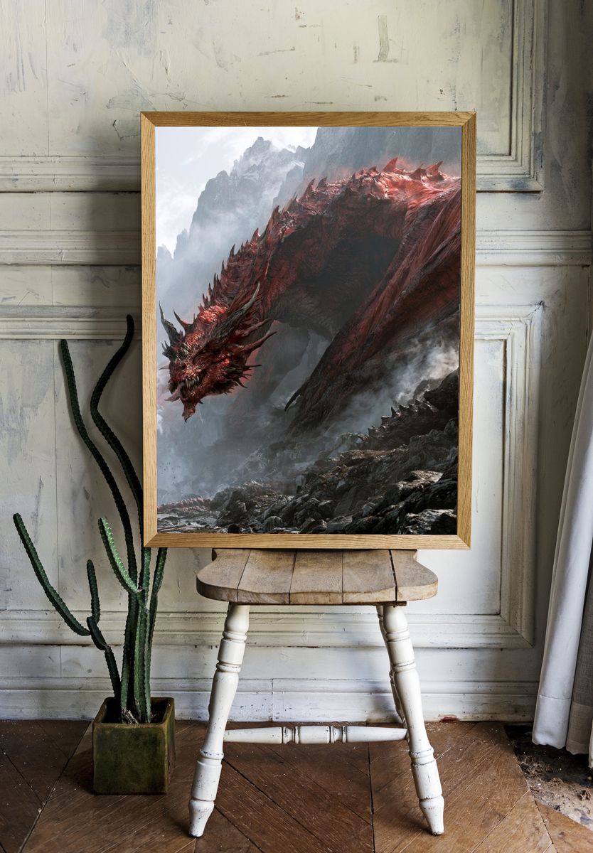 Red Dragon Mountain Fantasy Print. room preview