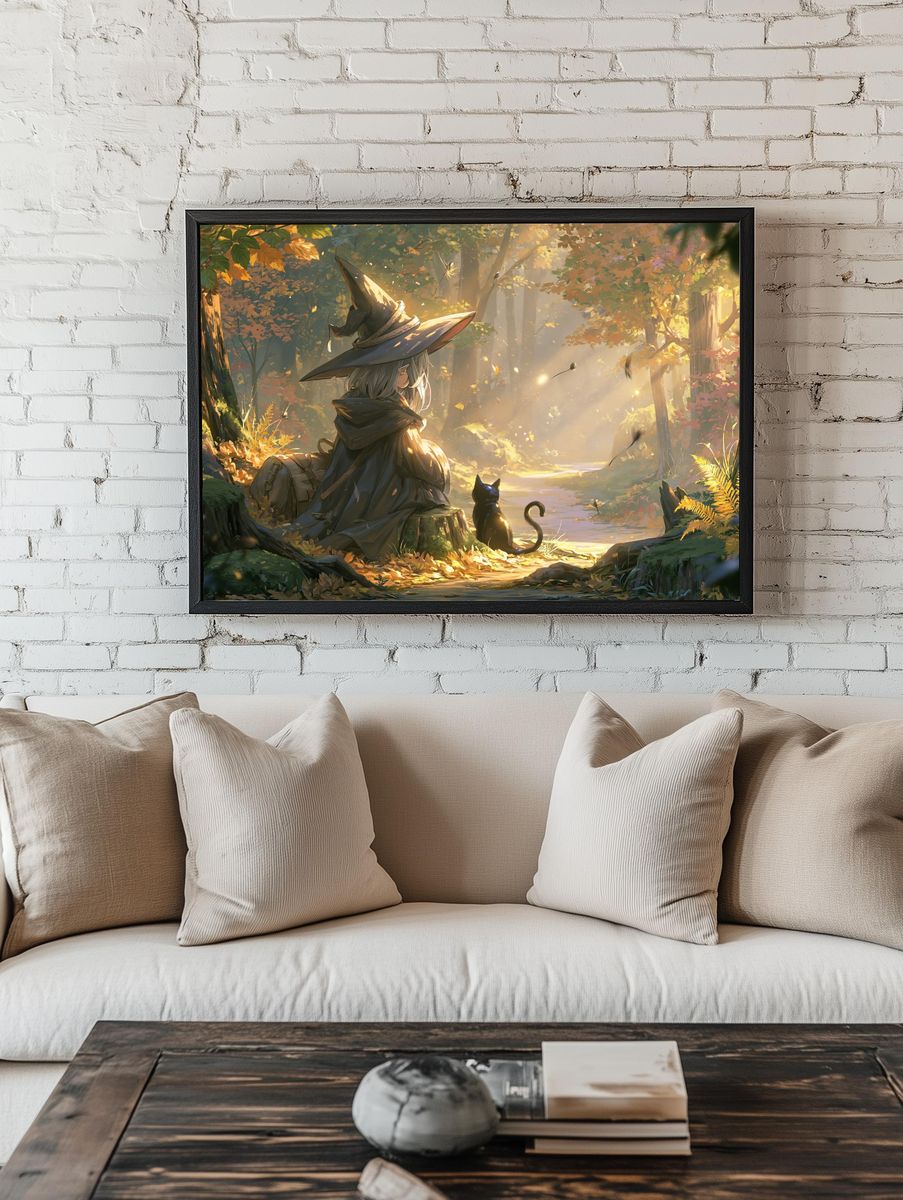Witch in Autumn Forest Print. room preview