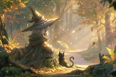 Witch in Autumn Forest Print. poster