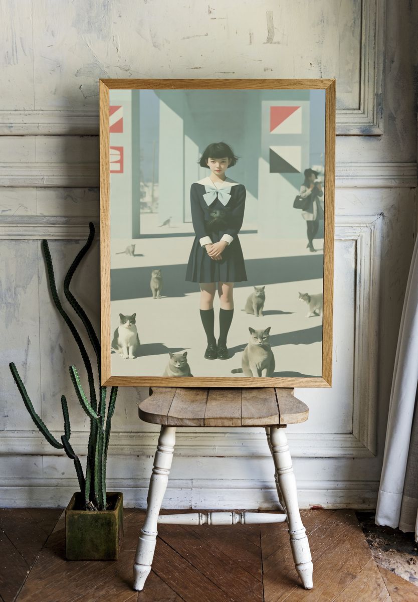 Girl with Cats Surreal Illustration Poster. — room view 1