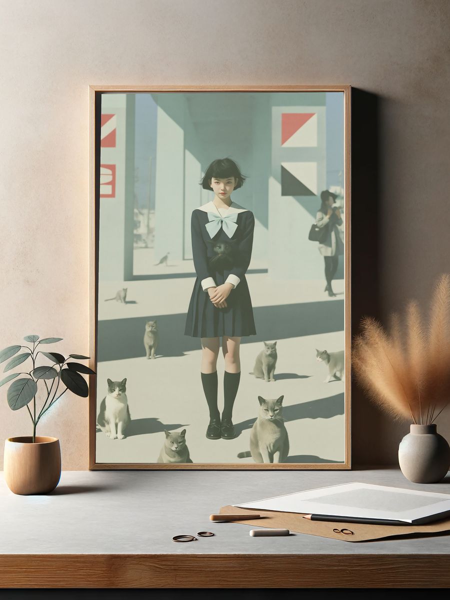 Girl with Cats Surreal Illustration Poster. — room view 2