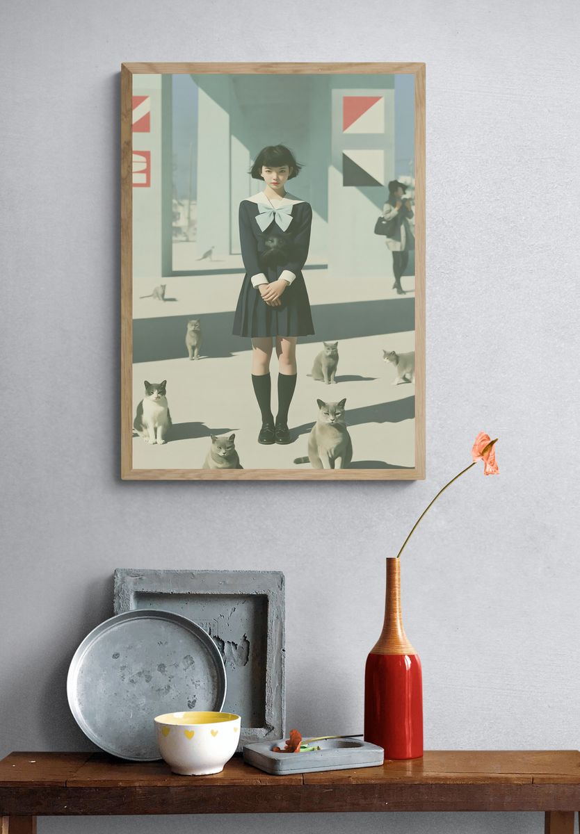 Girl with Cats Surreal Illustration Poster. — room view 3