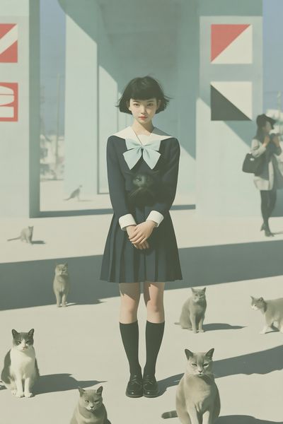 Girl with Cats Surreal Illustration Poster.
