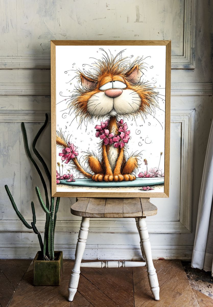 Flower Cat Cartoon Print. — room view 1
