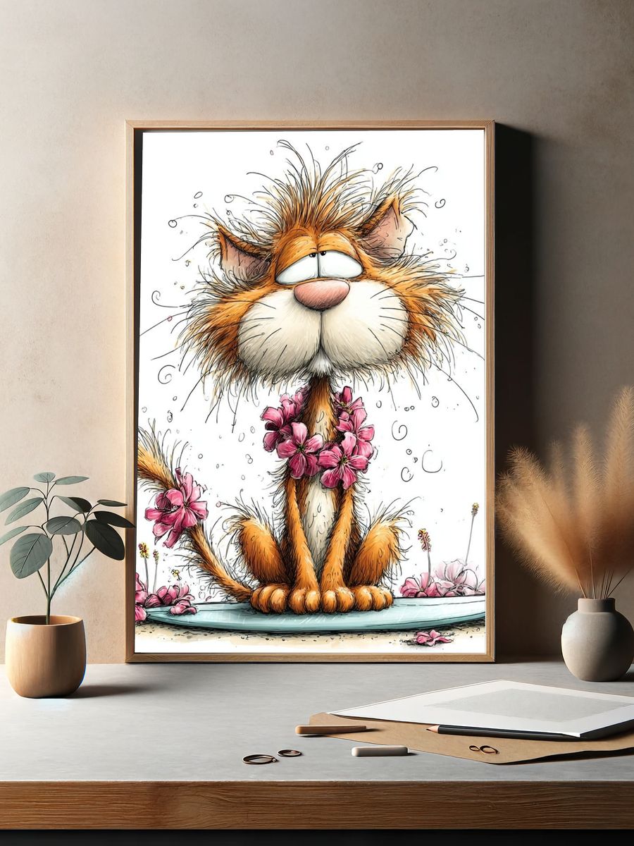Flower Cat Cartoon Print. — room view 2
