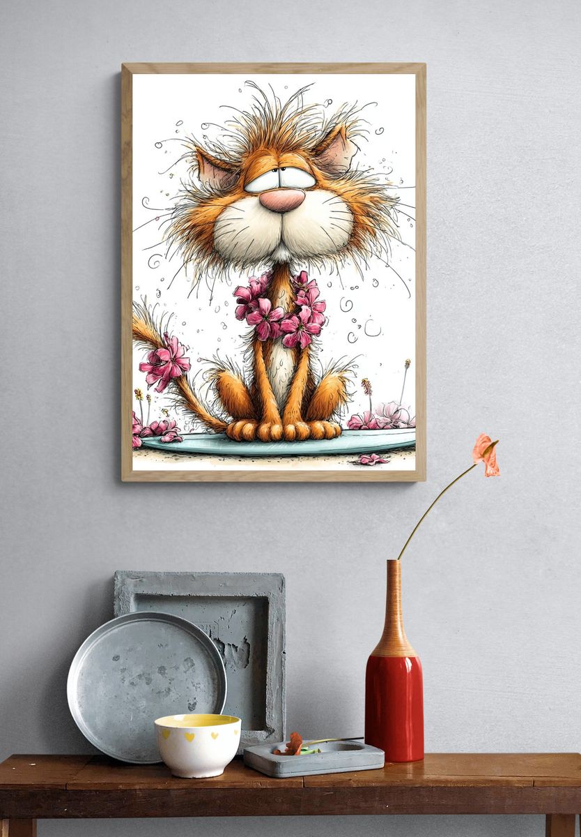 Flower Cat Cartoon Print. — room view 3