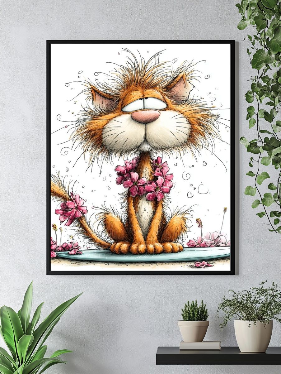 Flower Cat Cartoon Print. — room view 4