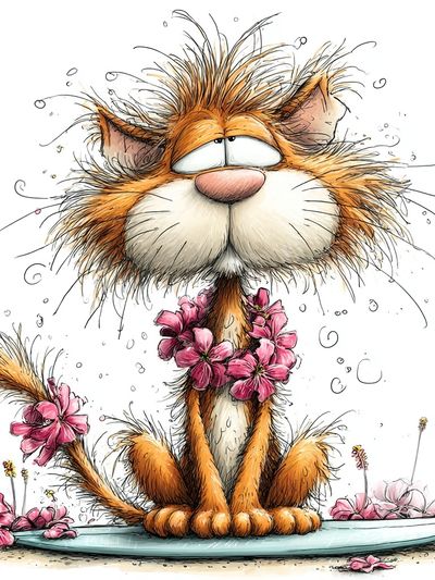 Flower Cat Cartoon Print.